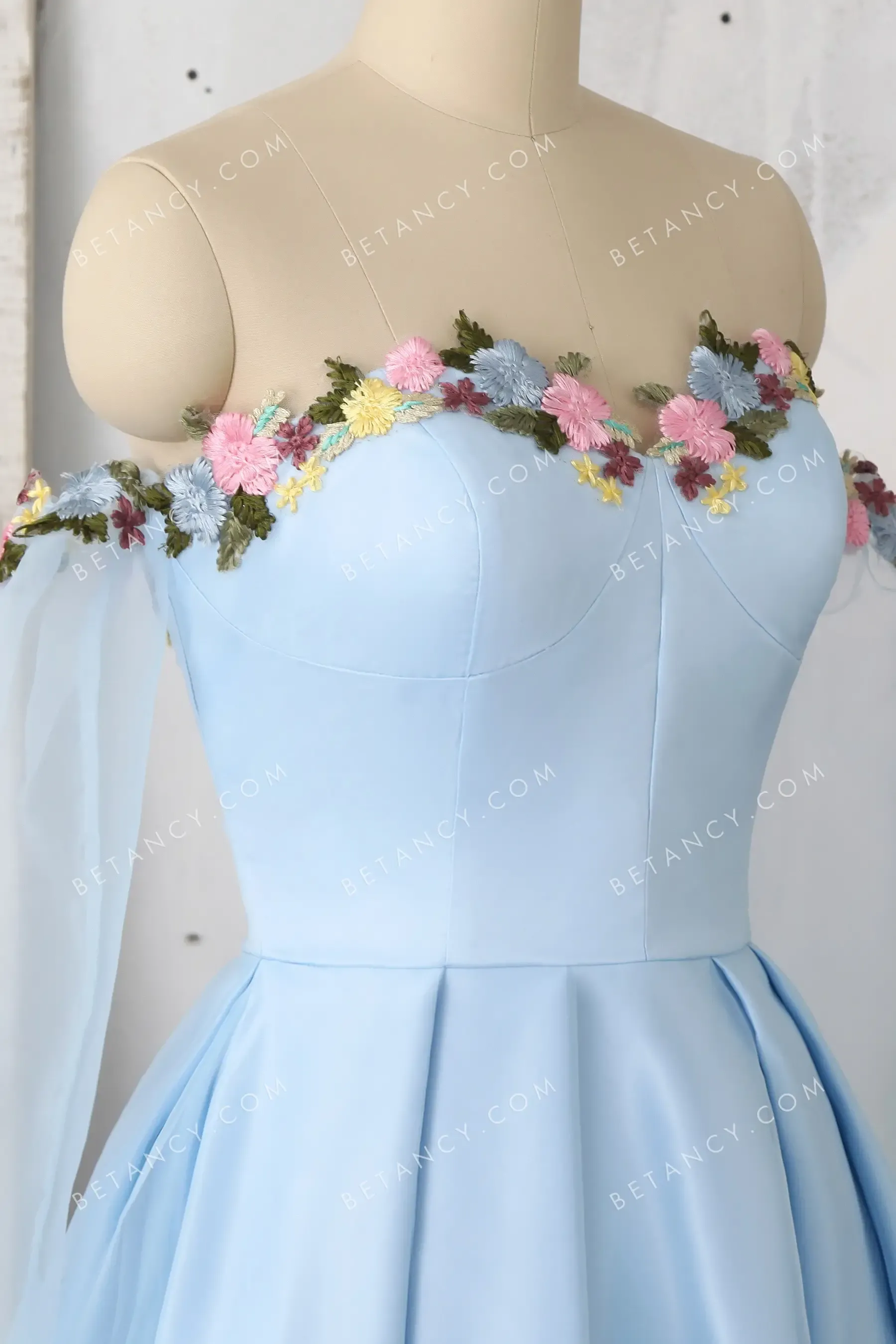 3D Flowers Sweetheart Off-the-shoulder Sky Blue Dress