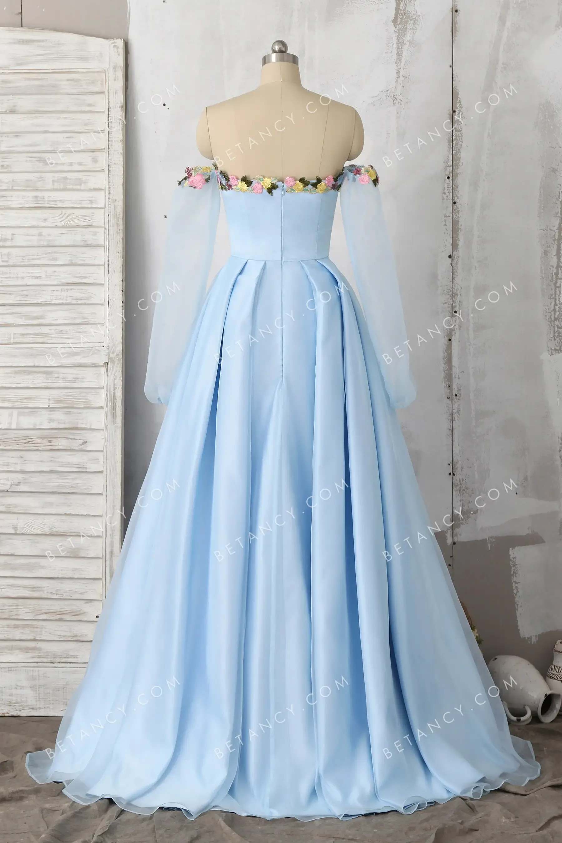 3D Flowers Sweetheart Off-the-shoulder Sky Blue Dress