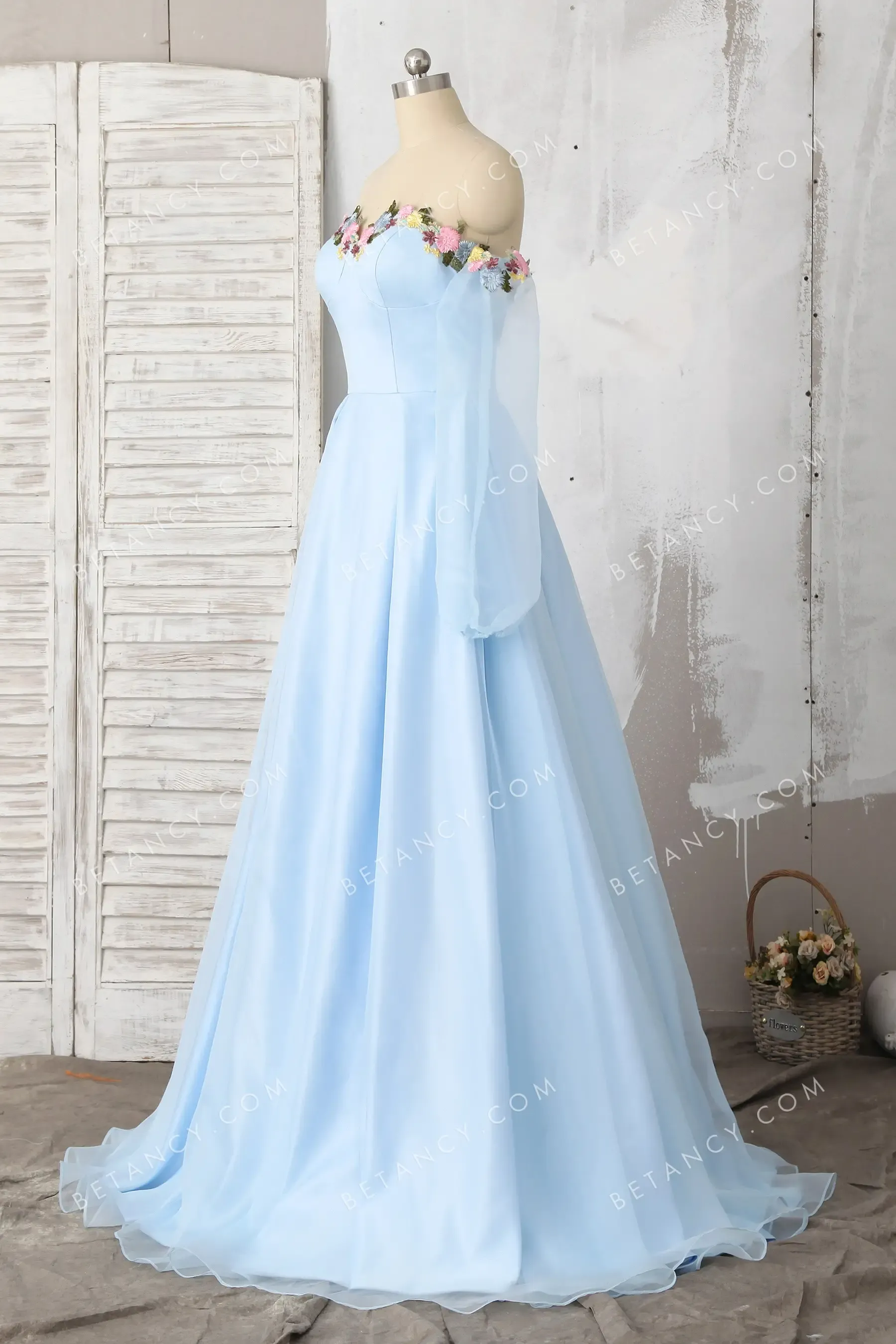 3D Flowers Sweetheart Off-the-shoulder Sky Blue Dress