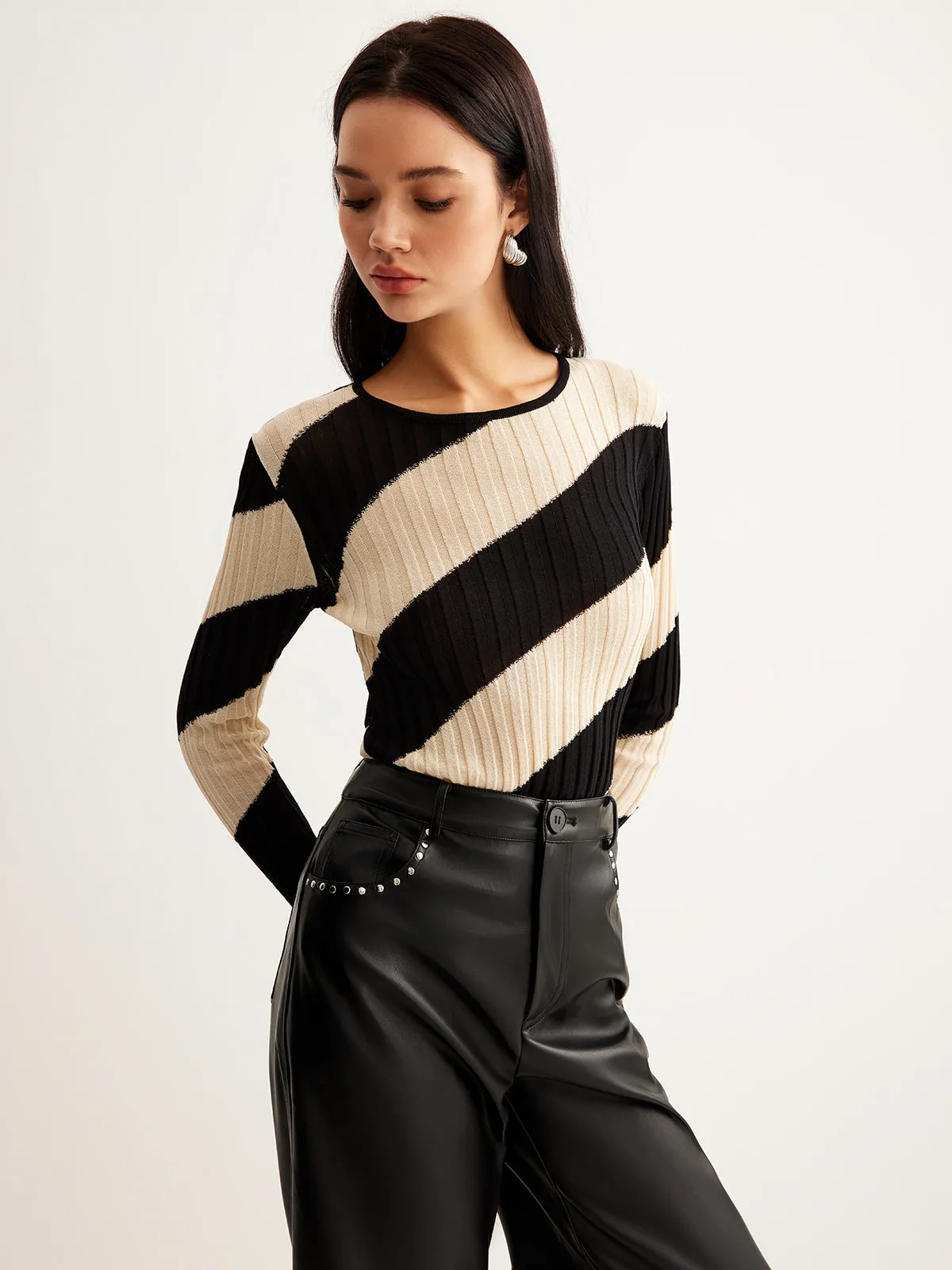 Asymmetrical Striped Slim Knit Top