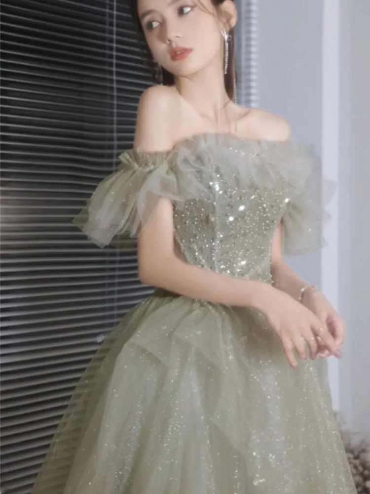 Beaded Green Tulle Long Prom Dress Off  Shoulder Long Evening Dress 154