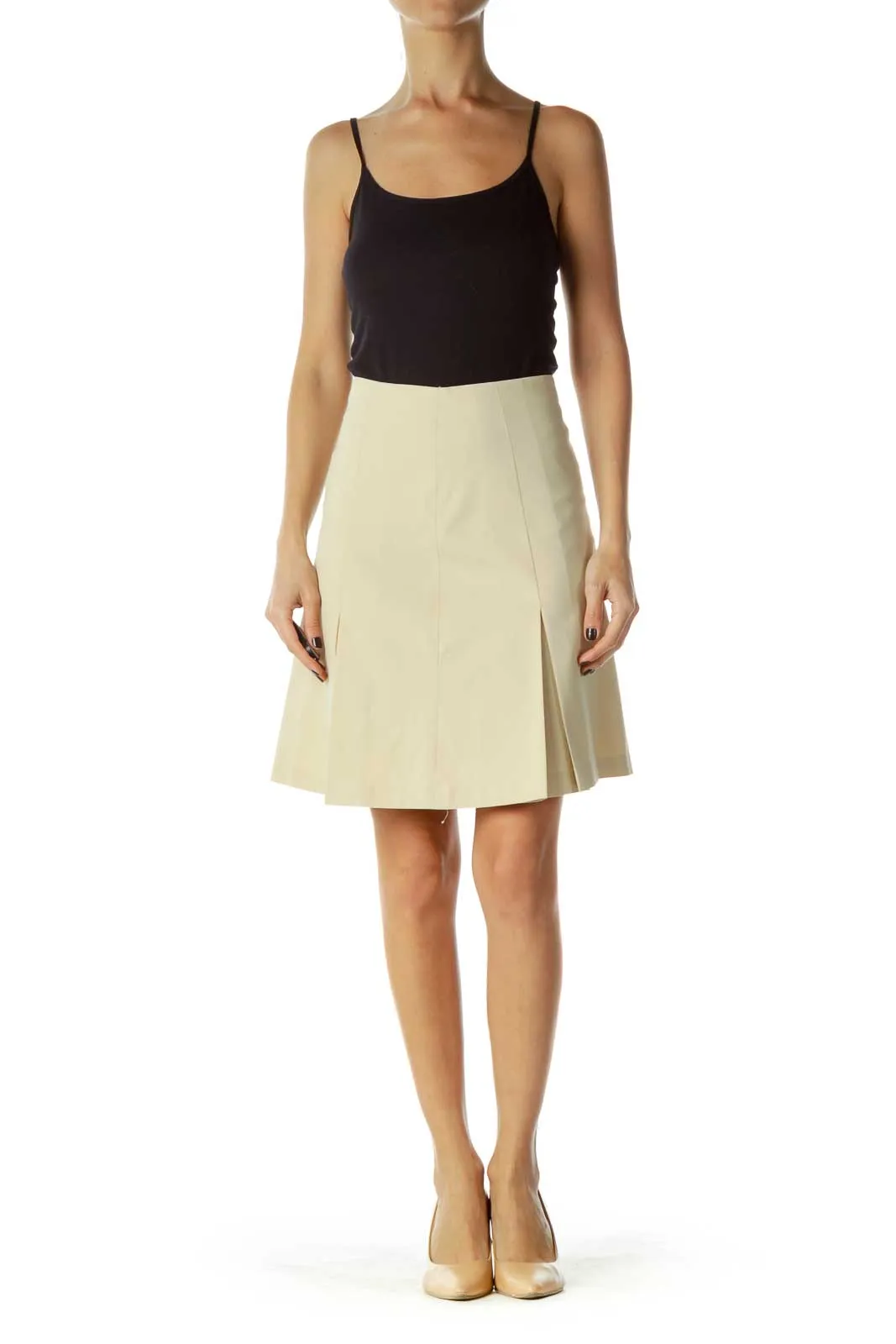 Beige Pleated A-Line Skirt