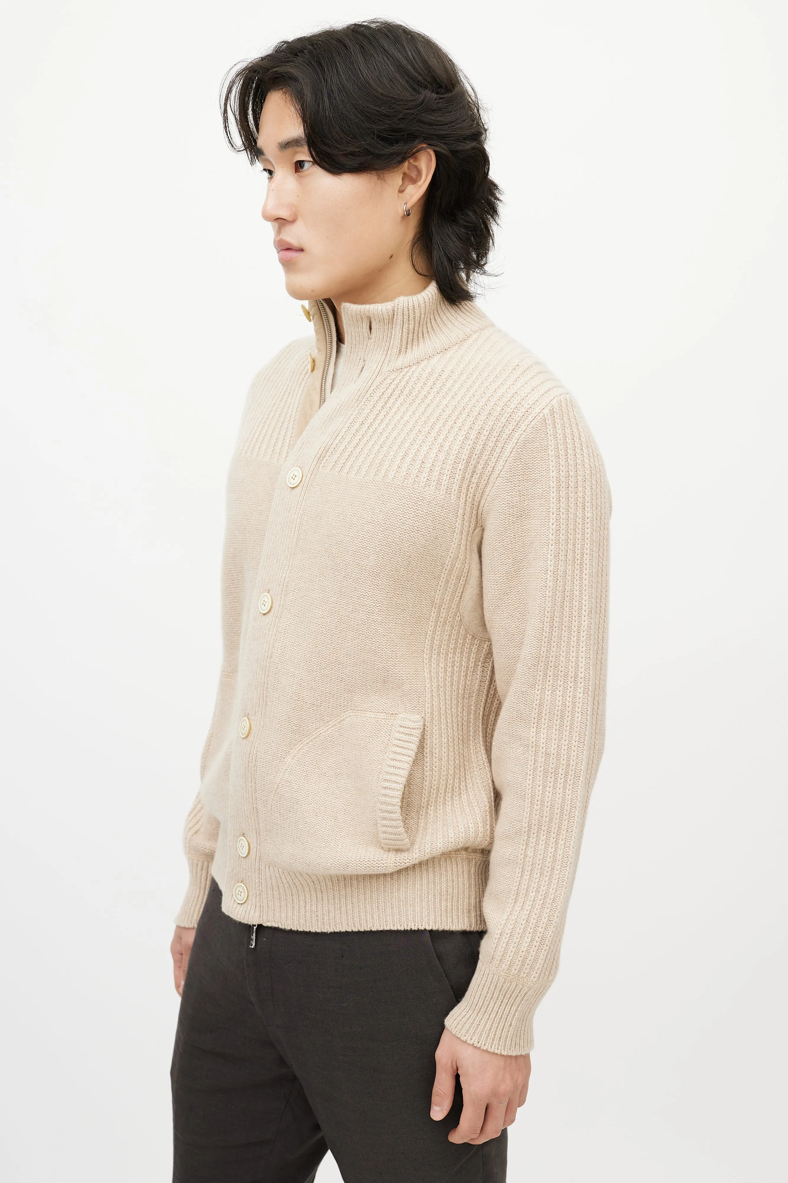Biege Cashmere Zip Up Sweater