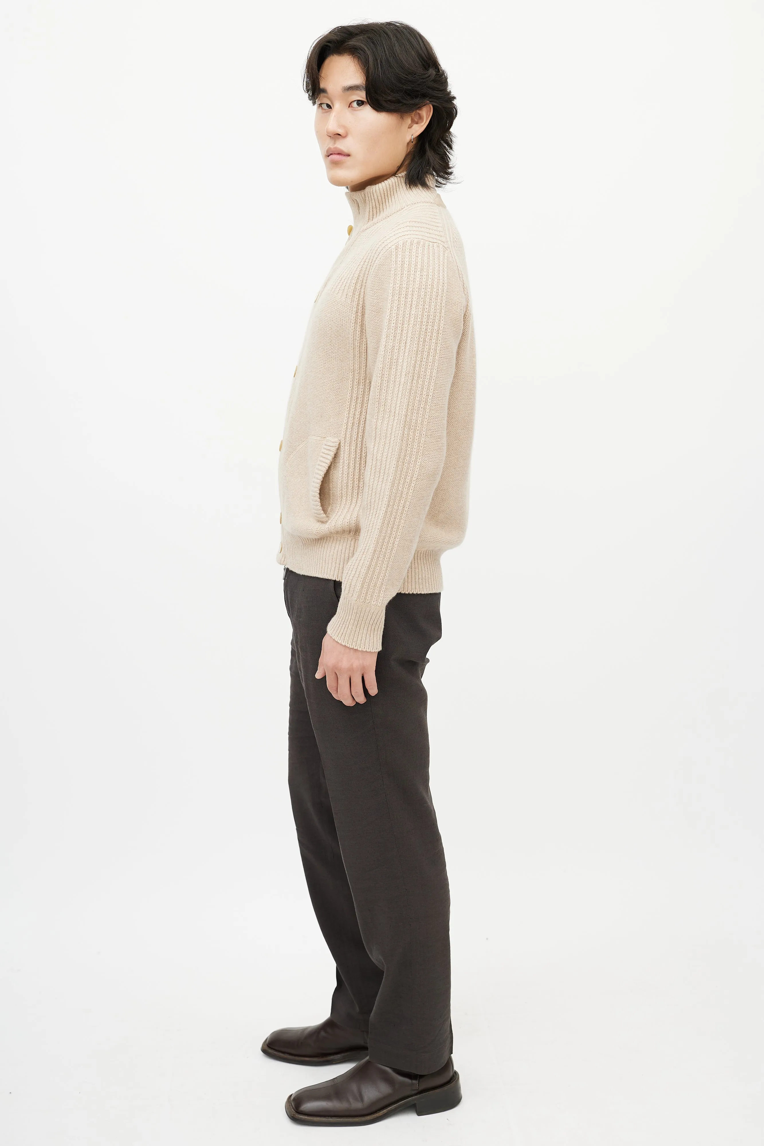 Biege Cashmere Zip Up Sweater