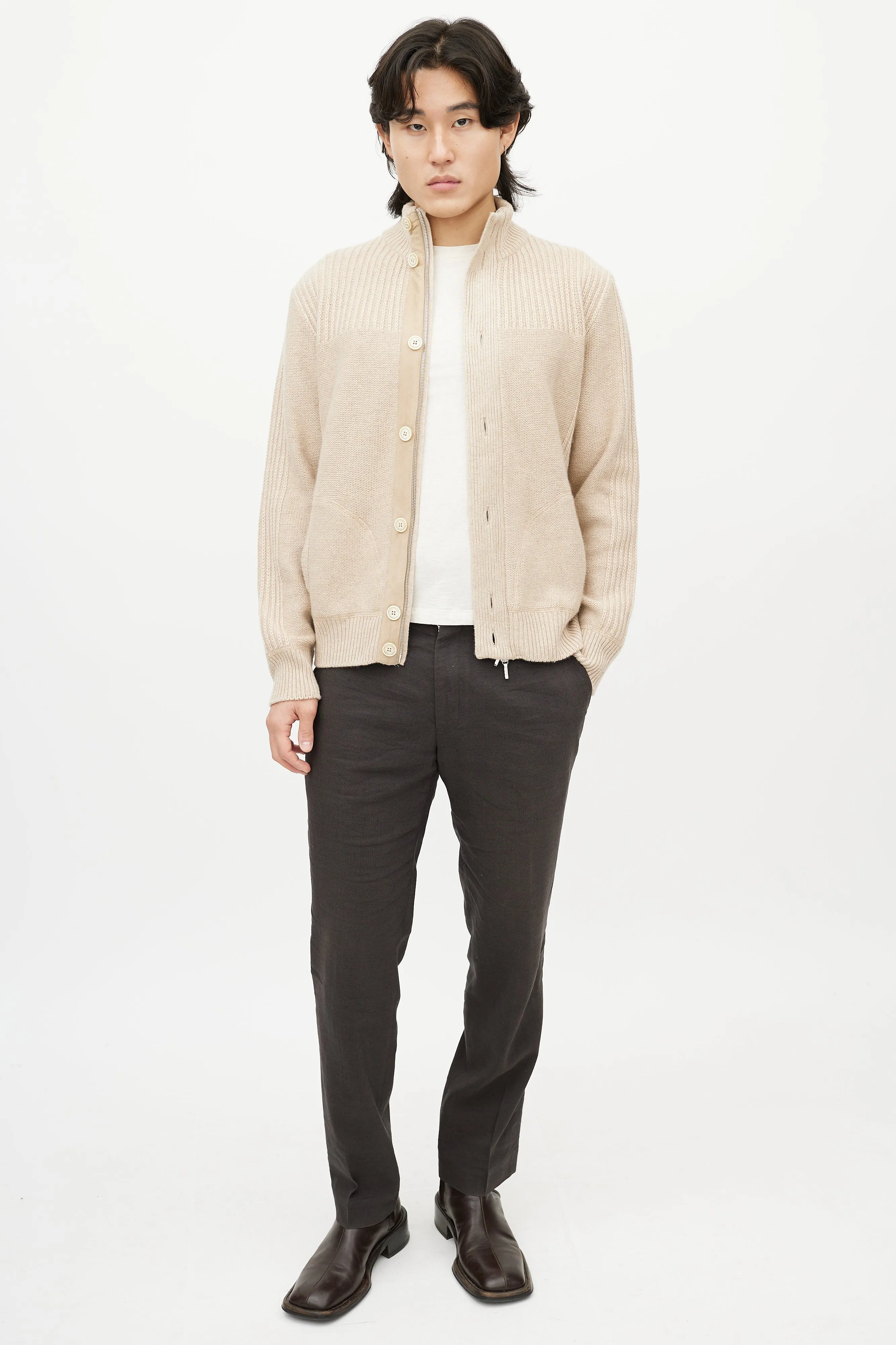 Biege Cashmere Zip Up Sweater