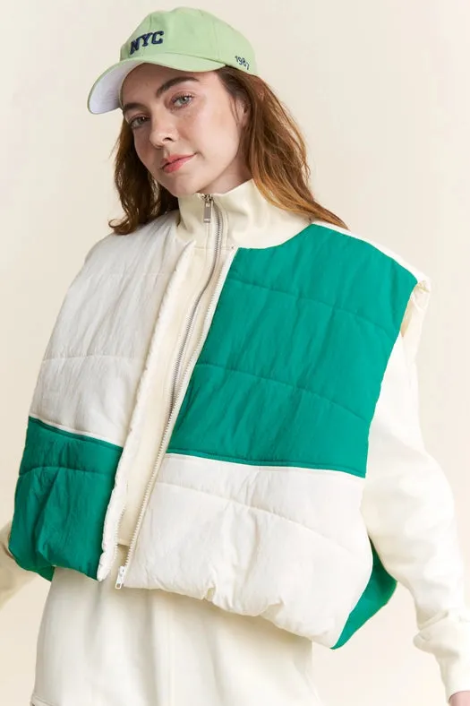 Color Block Zipper Puffer Vest