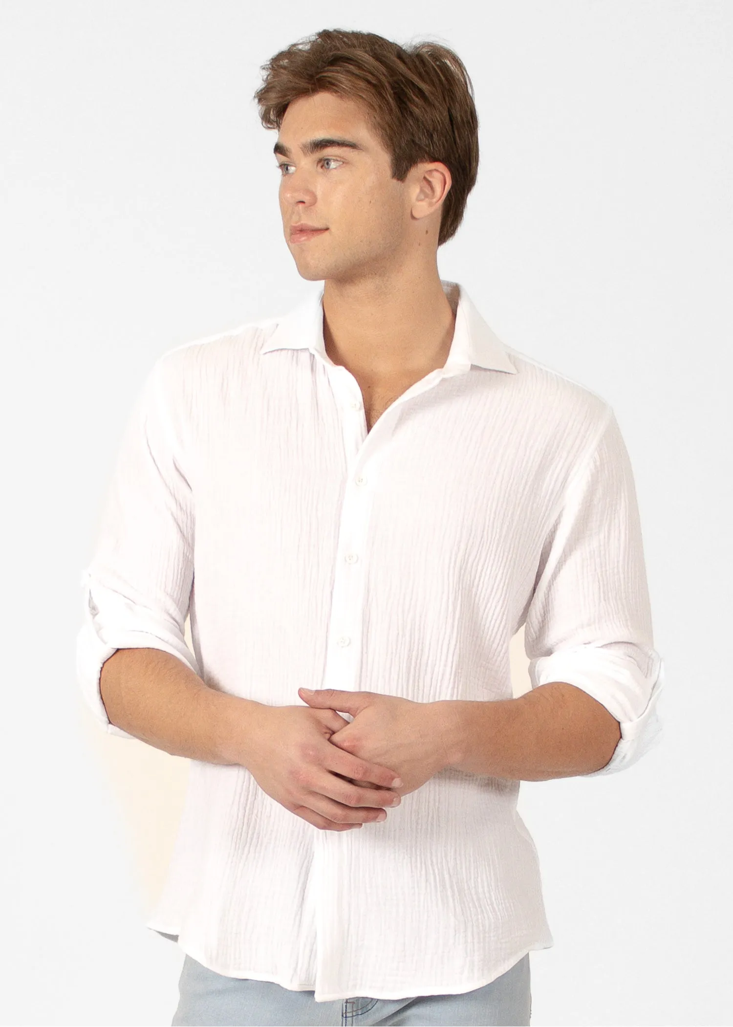 Cotton Texture Button Up Long Sleeve Dress Shirt