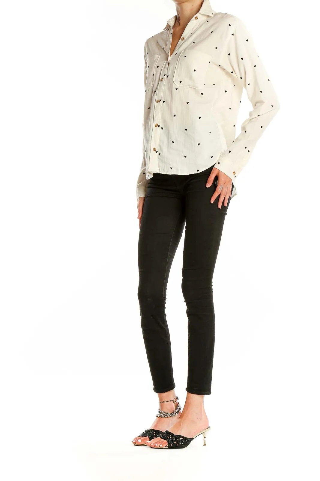 Cream Heart Print Button-Up Shirt
