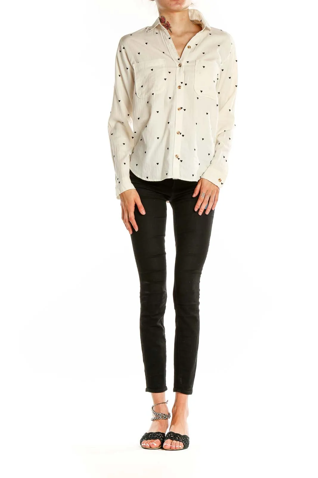 Cream Heart Print Button-Up Shirt