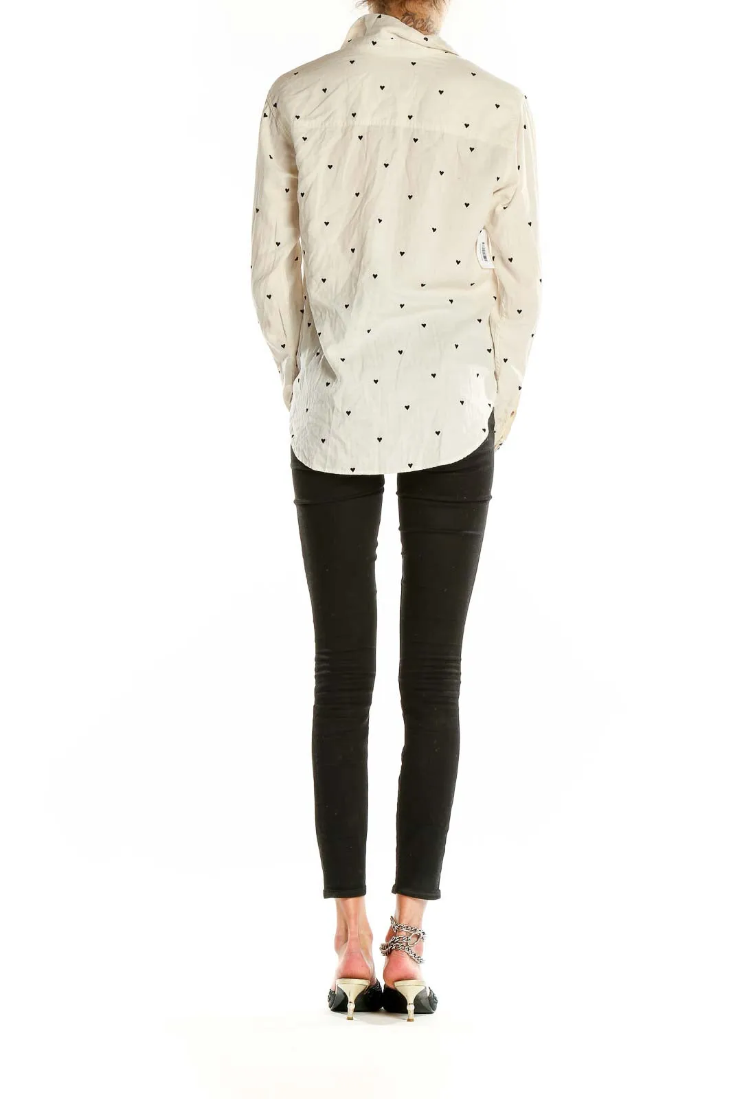 Cream Heart Print Button-Up Shirt
