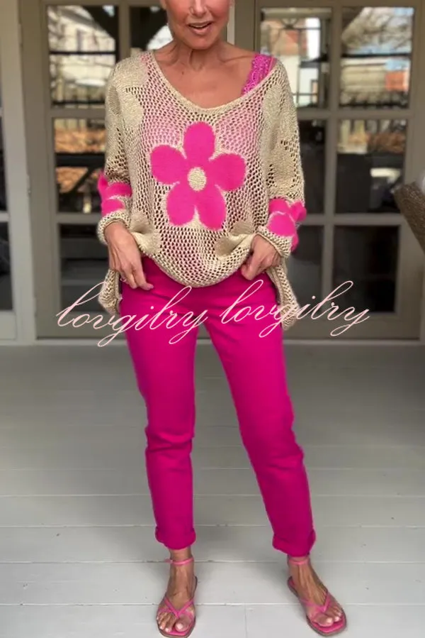 Embroidered Flower Hollow Holiday Knit Top