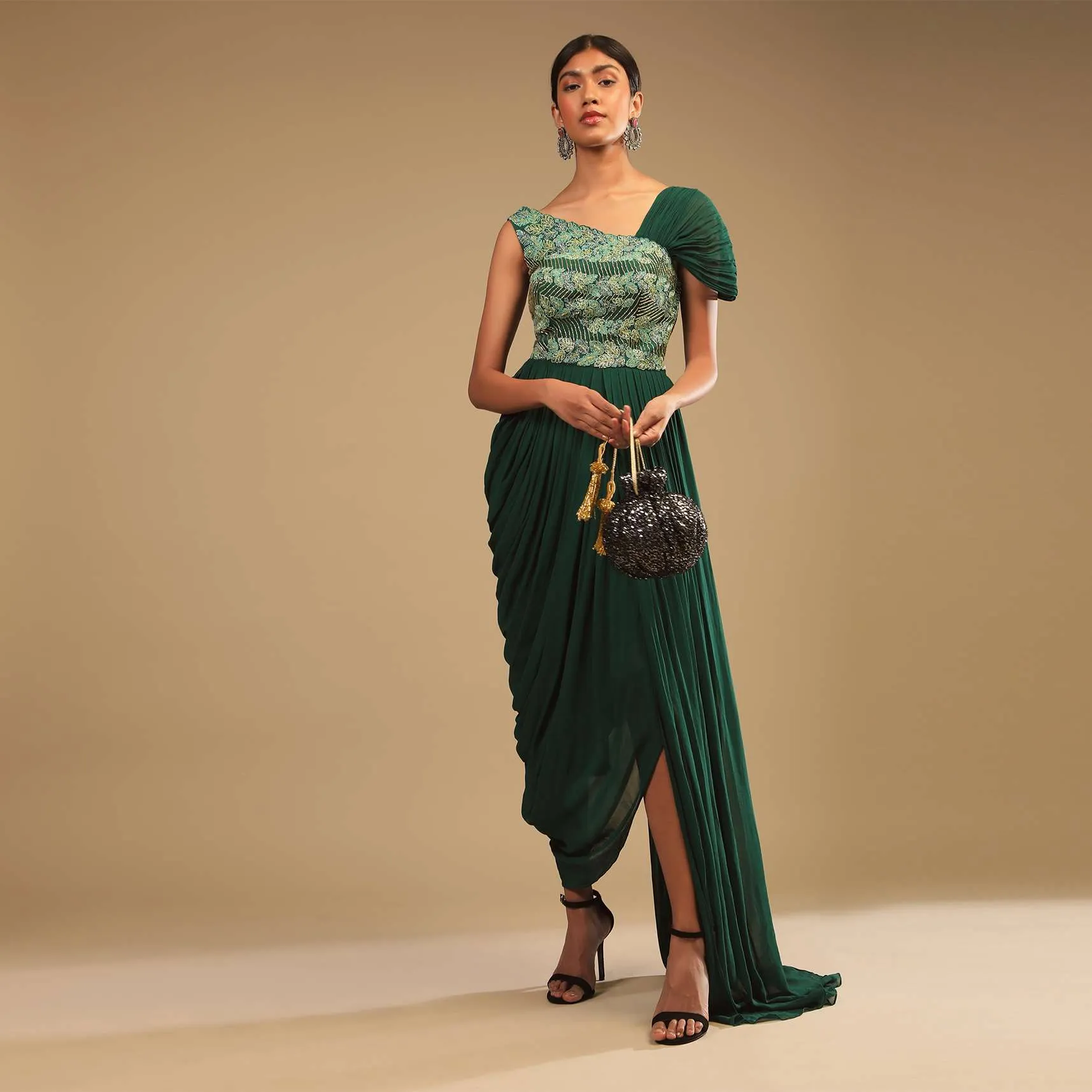 Emerald Green Indowestern Gown With A Hand Embroidered Bodice And A One Sided Cowl Drape Online - Kalki Fashion