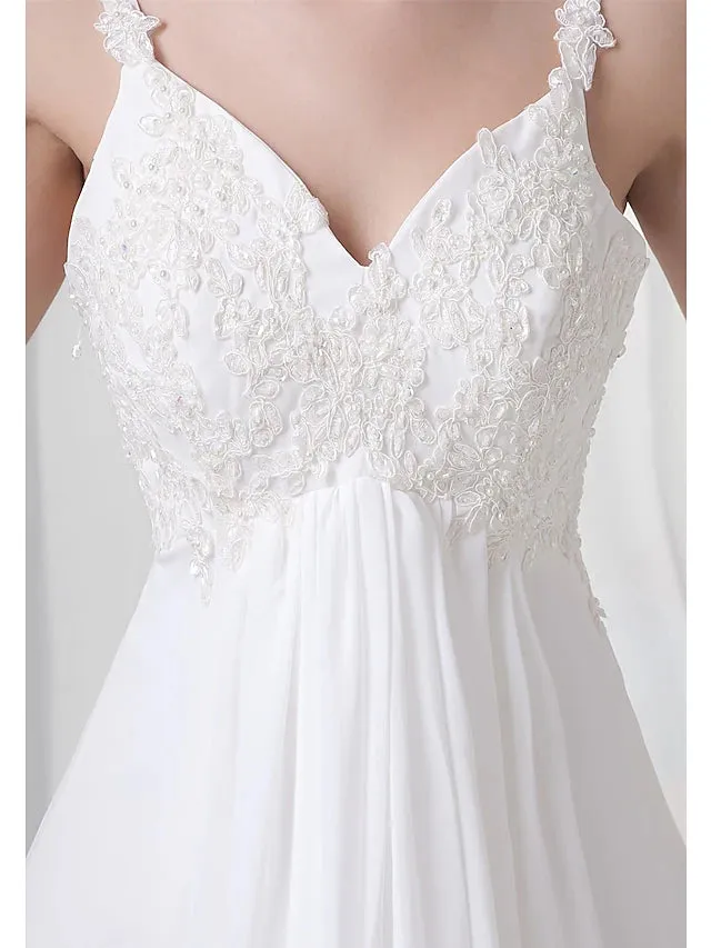 Engagement Formal Wedding Dresses Court  A-Line Spaghetti Strap V Neck Chiffon With Beading Appliques