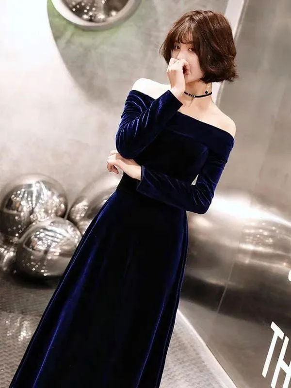 Evening Dresses Velvet Long Sleeve Off Shoulder Maxi Formal Gowns