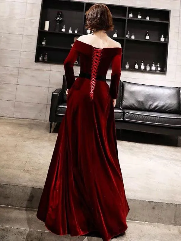 Evening Dresses Velvet Long Sleeve Off Shoulder Maxi Formal Gowns
