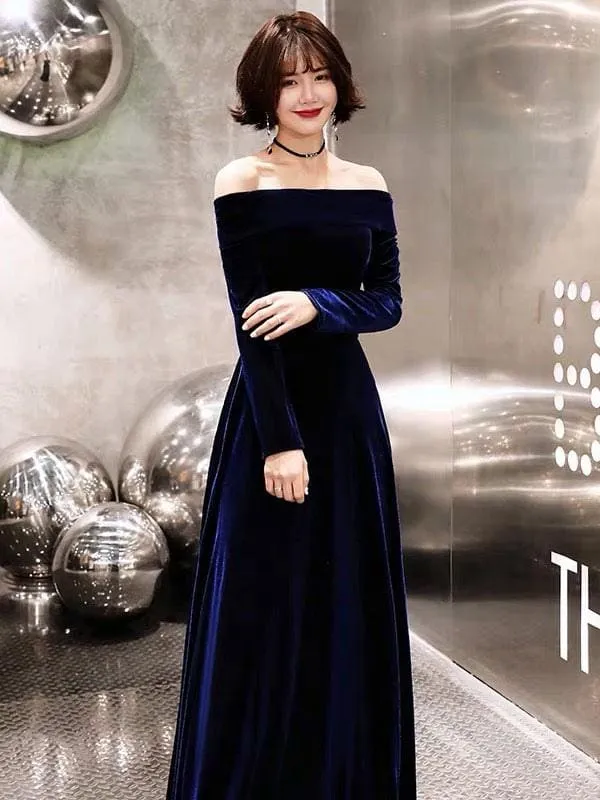 Evening Dresses Velvet Long Sleeve Off Shoulder Maxi Formal Gowns