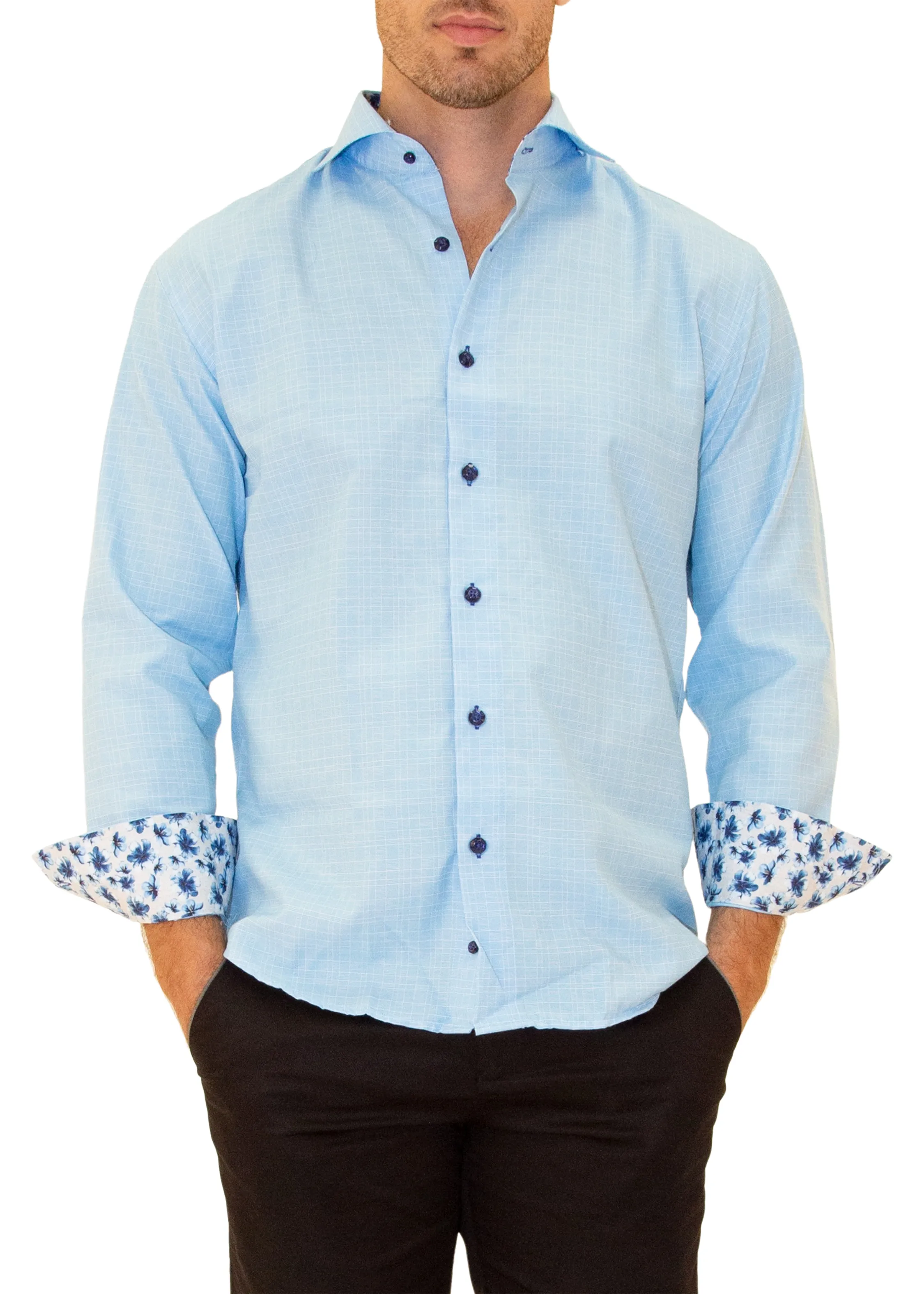 Linen Texture Floral Cuff Long Sleeve Dress Shirt Turquoise