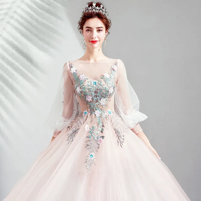 Long Sleeves Flower Pink Long Prom Dress Tulle Evening Formal Party Dress 153