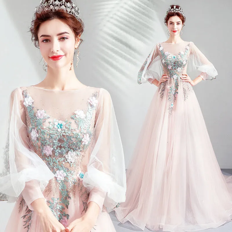 Long Sleeves Flower Pink Long Prom Dress Tulle Evening Formal Party Dress 153