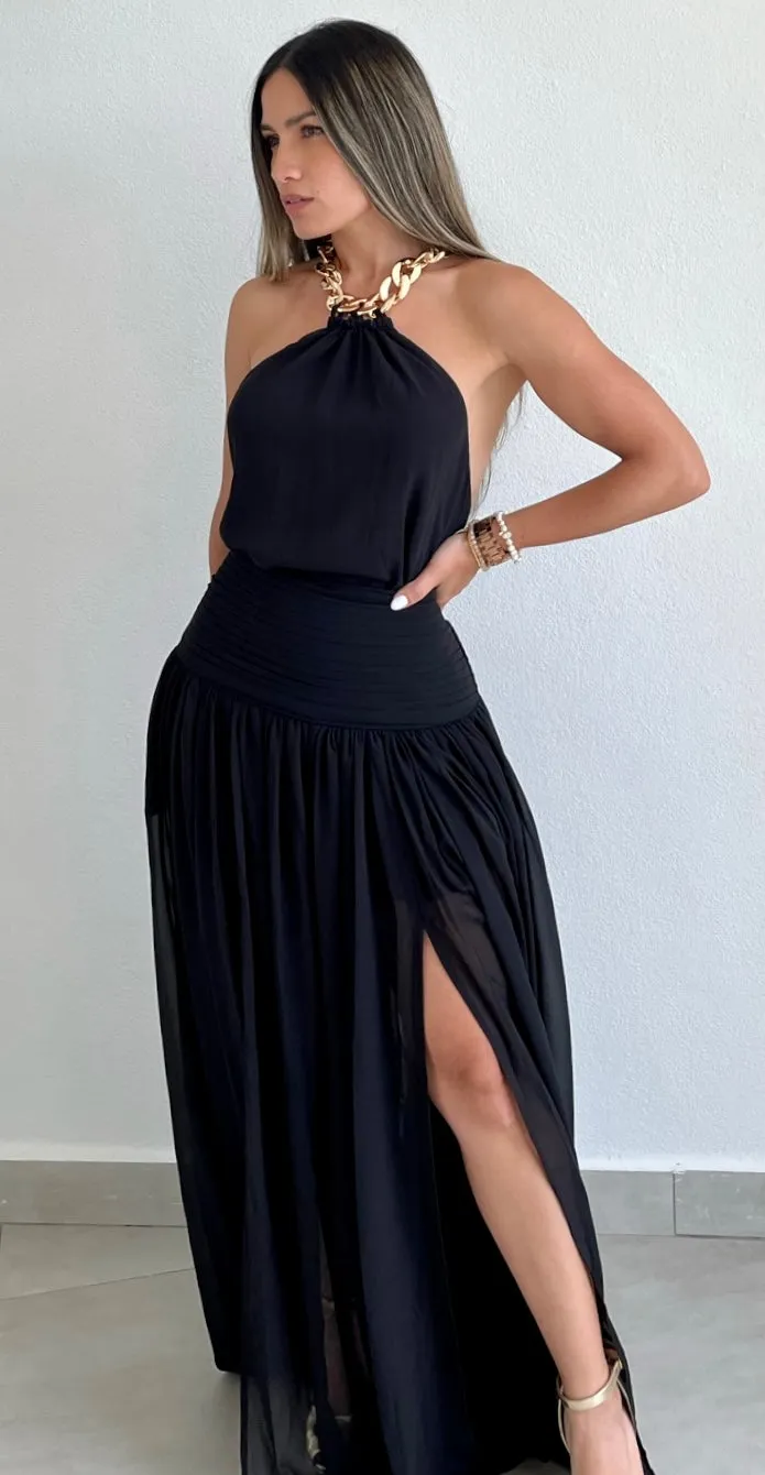 Lost in Paradise Black & Chain Maxi Dress