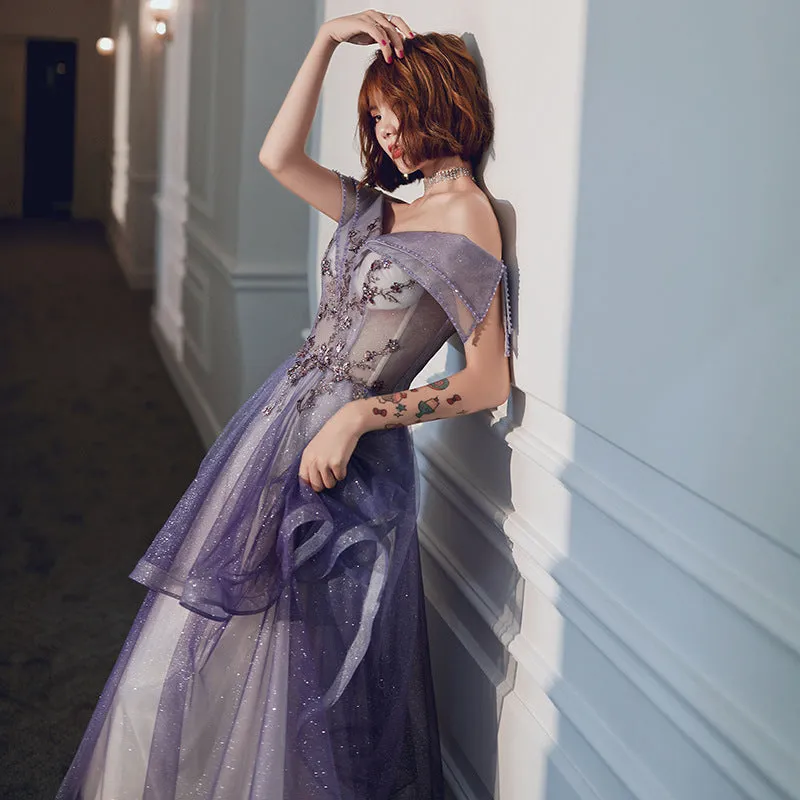 Off Shoulder Shiny Purple Prom Dress Sweet 16 A Line Party Gown 712