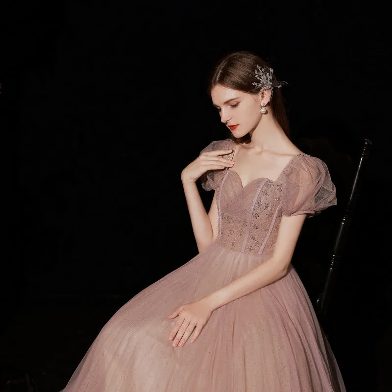 Puff Sleeves Sweet Pink Shiny Prom Dress A Line Formal Evening Party Gown 607