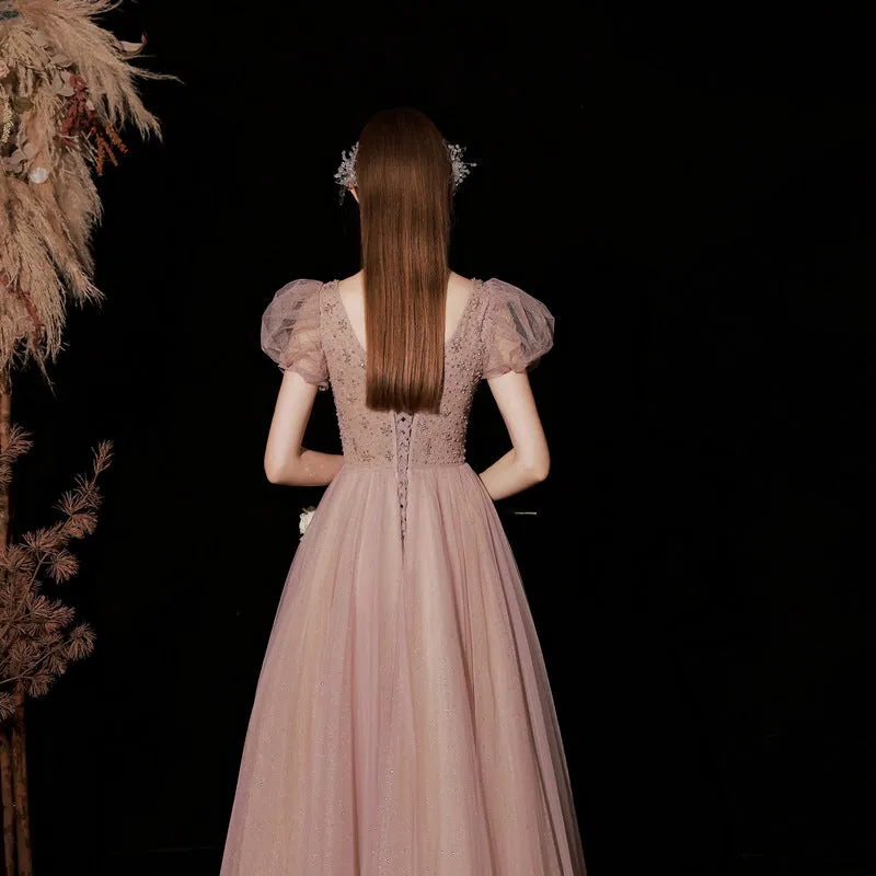 Puff Sleeves Sweet Pink Shiny Prom Dress A Line Formal Evening Party Gown 607