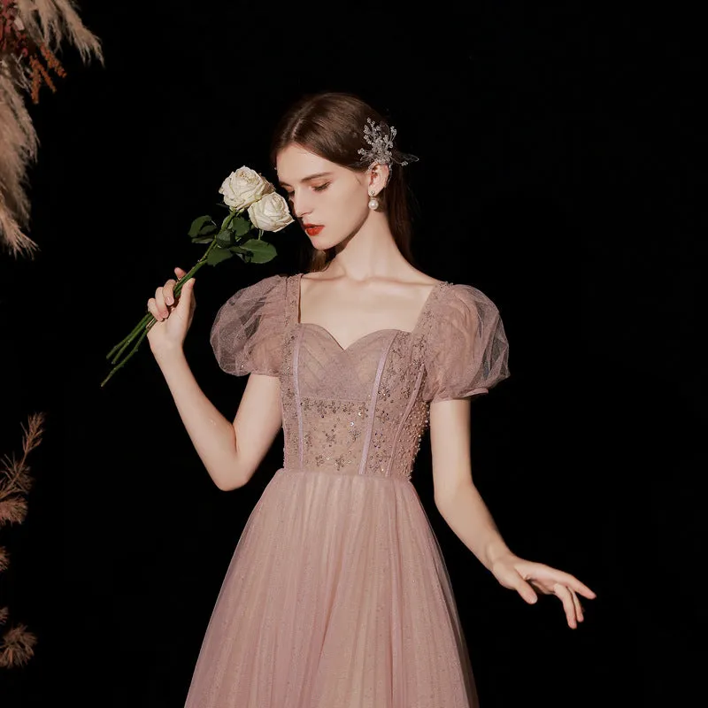 Puff Sleeves Sweet Pink Shiny Prom Dress A Line Formal Evening Party Gown 607