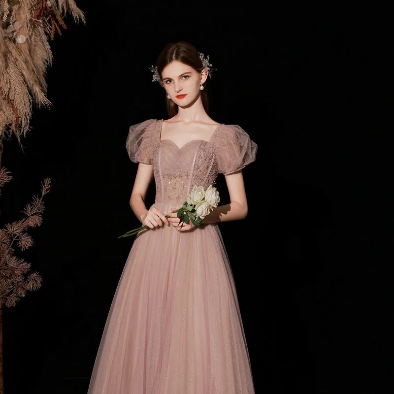 Puff Sleeves Sweet Pink Shiny Prom Dress A Line Formal Evening Party Gown 607