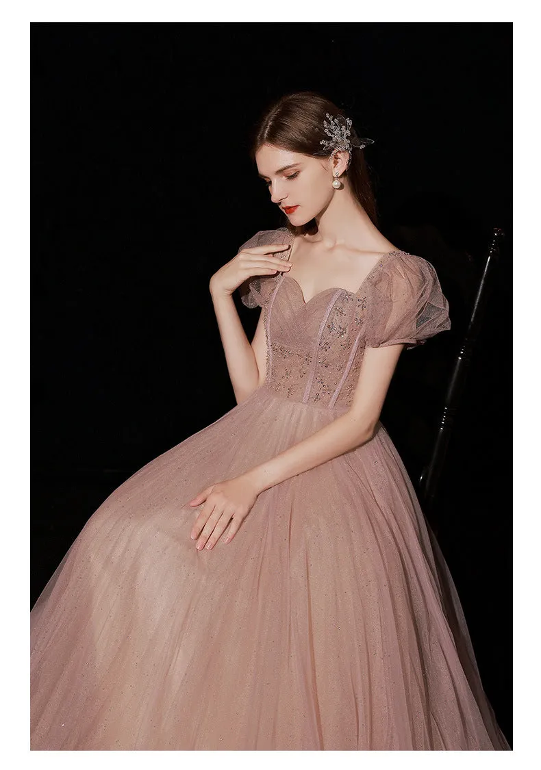 Puff Sleeves Sweet Pink Shiny Prom Dress A Line Formal Evening Party Gown 607