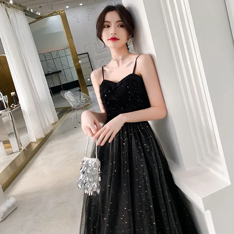 Spaghetti Strap A Line Long Prom Dress Black Shiny Evening Formal Dress 634