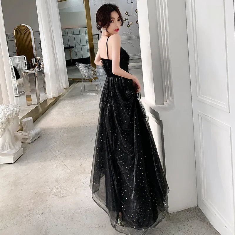 Spaghetti Strap A Line Long Prom Dress Black Shiny Evening Formal Dress 634