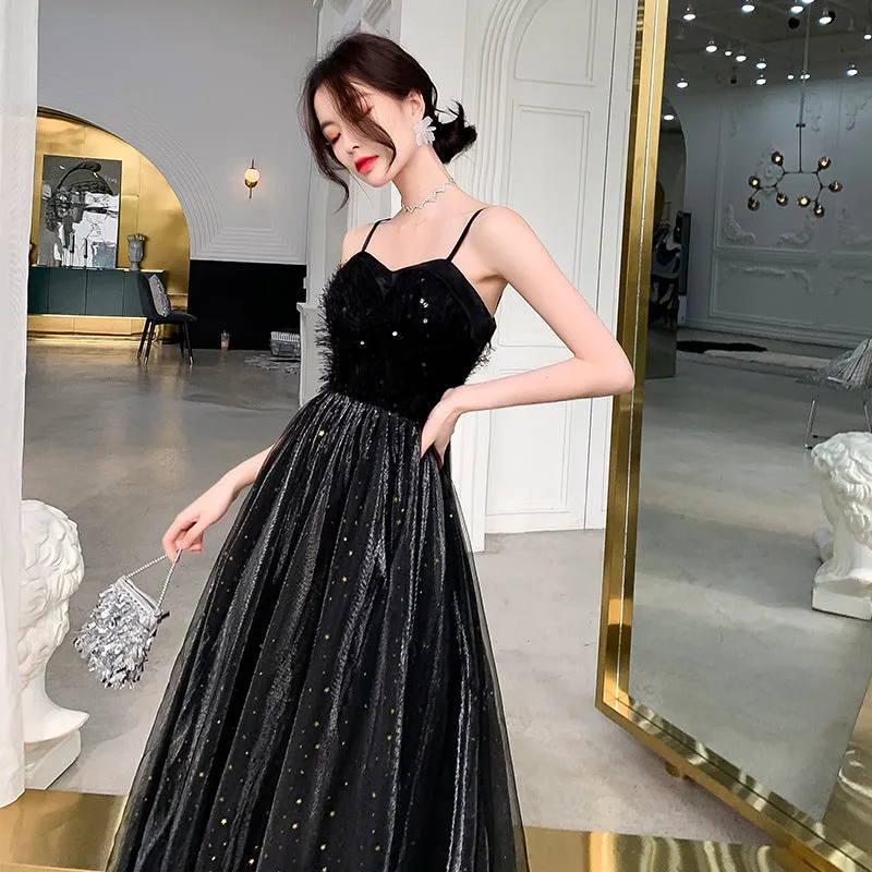 Spaghetti Strap A Line Long Prom Dress Black Shiny Evening Formal Dress 634