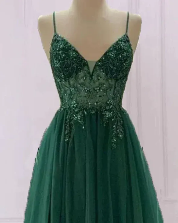 Spaghetti Strap Green A Line Long Prom Dress V Neck Formal Evening Gown Party Dress 292