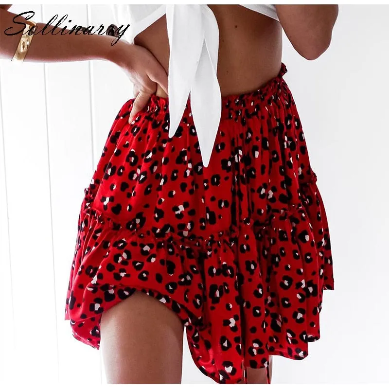 VenusFox Red Ruffles Leopard Summer Boho Skirts