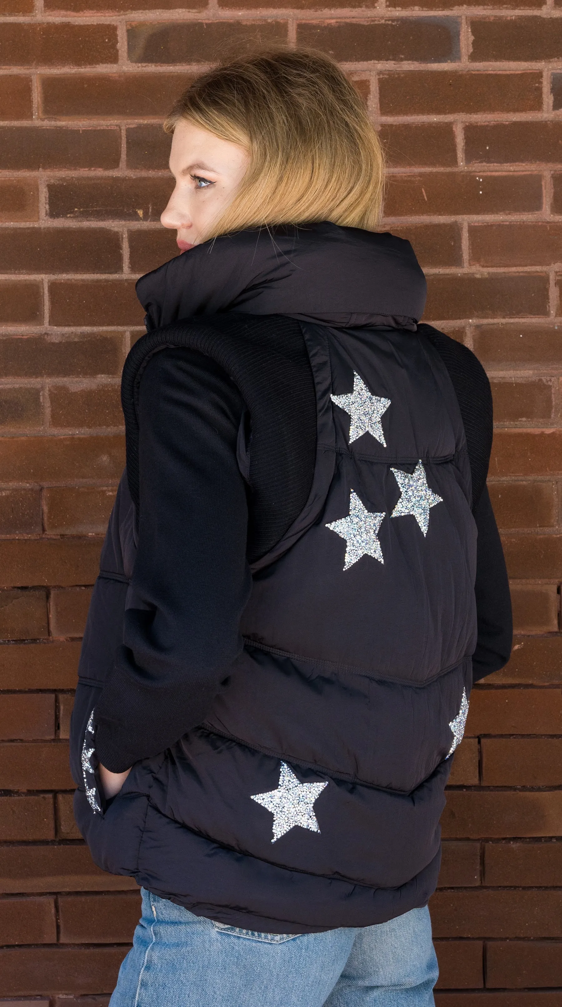 Vest, Puffer Black, Silver Stars
